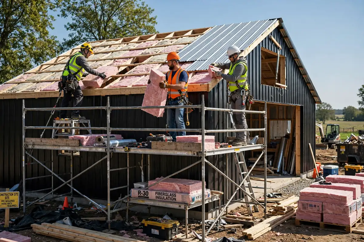 Crew installing roof insulation in a barndominium