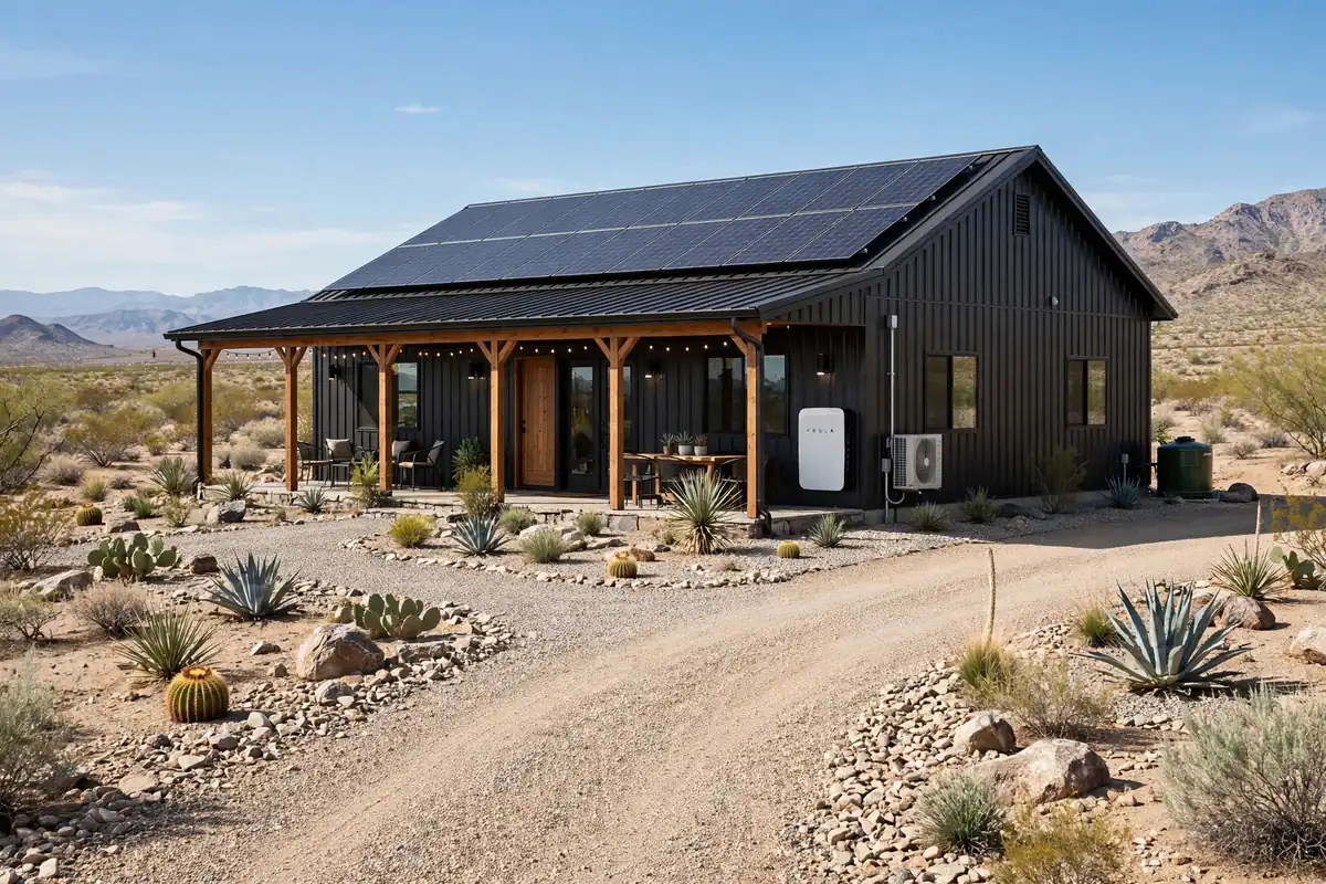 Barndominium Cost Per Sqft in Nevada: Black barndominium with solar panels, battery storage and wildfire defensible space desert landscaping
