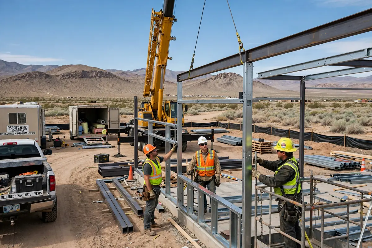 Workers erecting the steel frame of a Nevada barndominium
