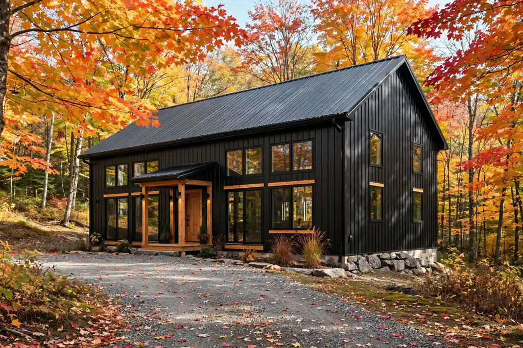 Barndominium cost per sq ft in New Hampshire: black board-and-batten barndominium with a metal roof and wood-trimmed entry porch in an autumn forest