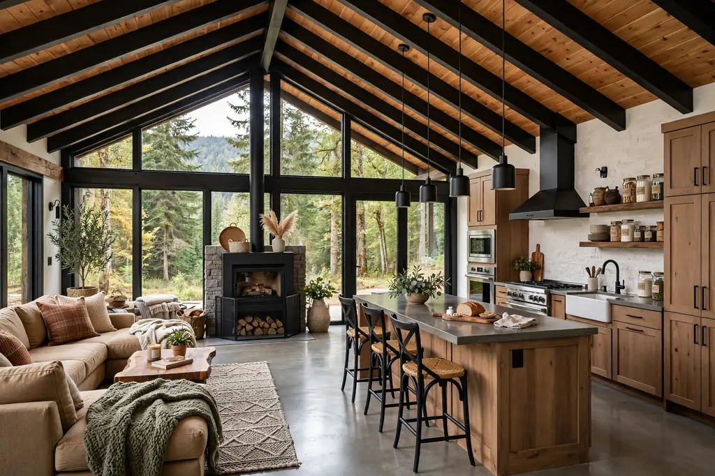 Open-plan barndominium interior with a vaulted wood ceiling, black beams, forest-view windows, wood stove and kitchen island