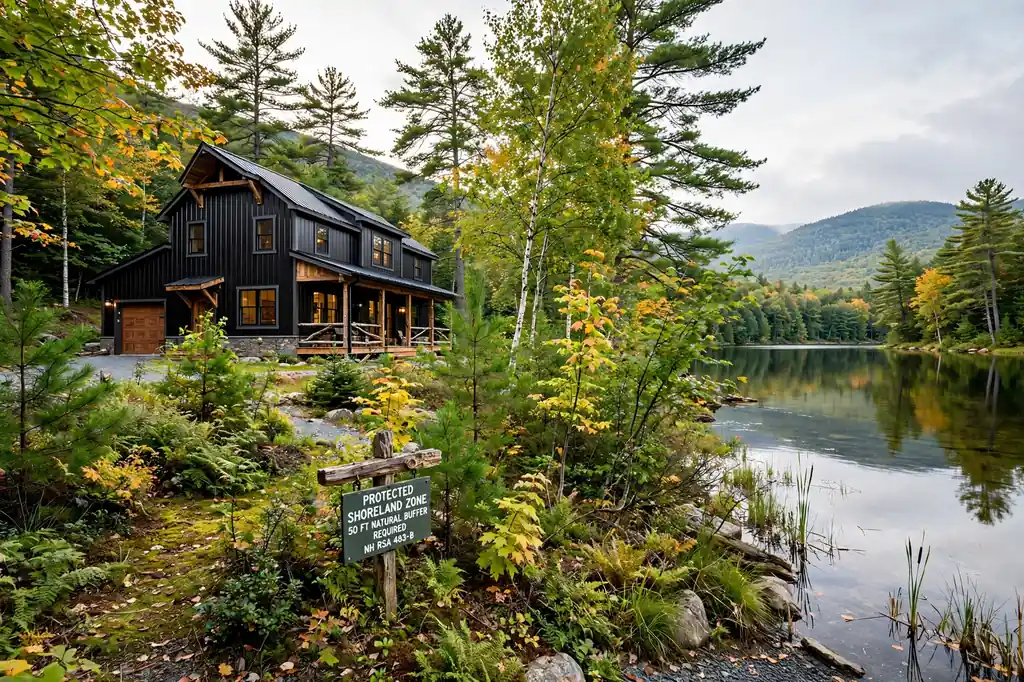 Black barndominium with a covered porch near a New Hampshire lake, with a sign marking the protected shoreland zone and 50 ft natural buffer