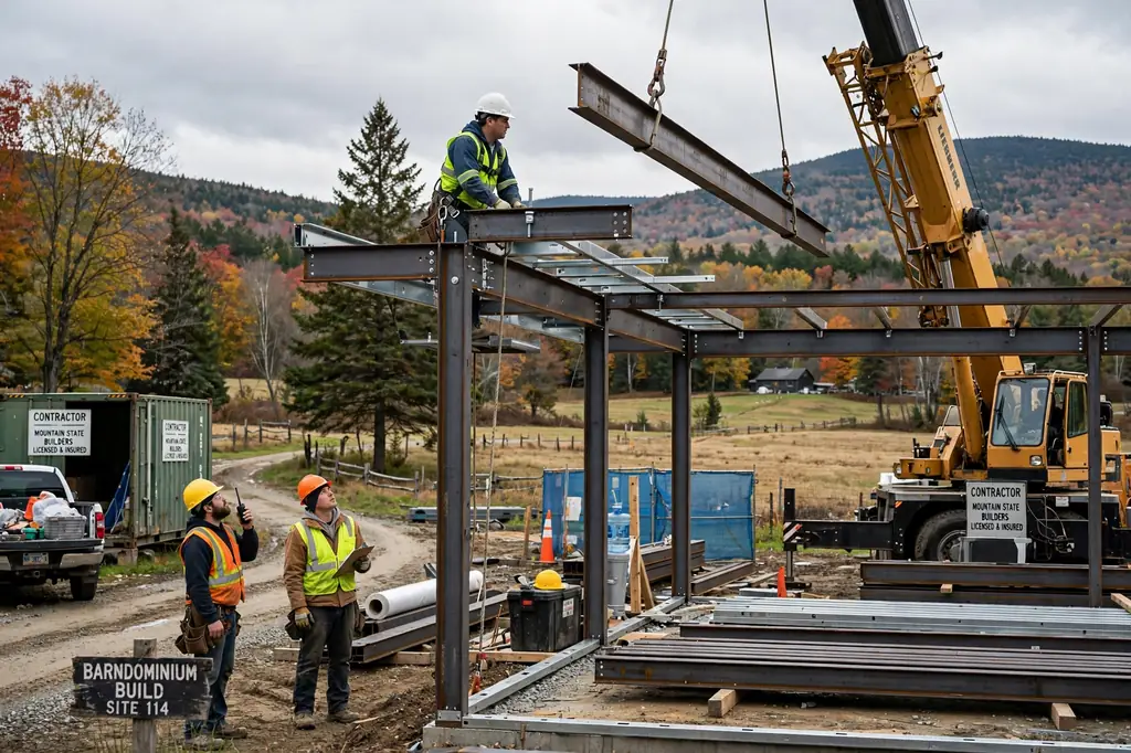 Crane lifting a steel beam as workers assemble the frame of a barndominium on a rural New Hampshire site in autumn