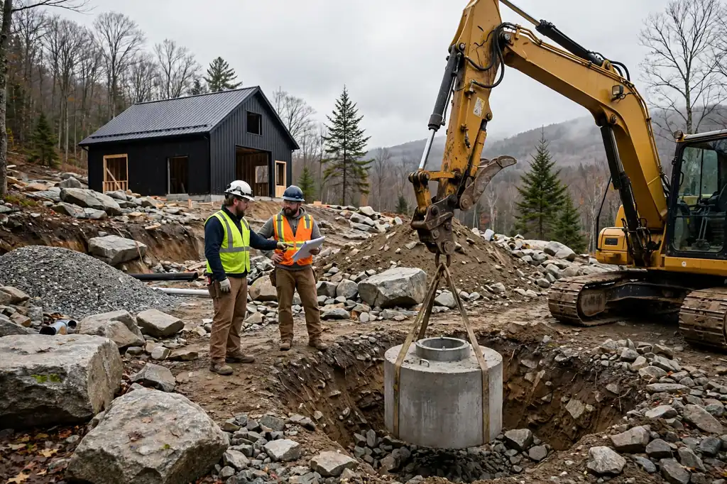 Excavator lowering a concrete septic tank into a pit among ledge boulders while two workers review plans, with a black barndominium under construction behind