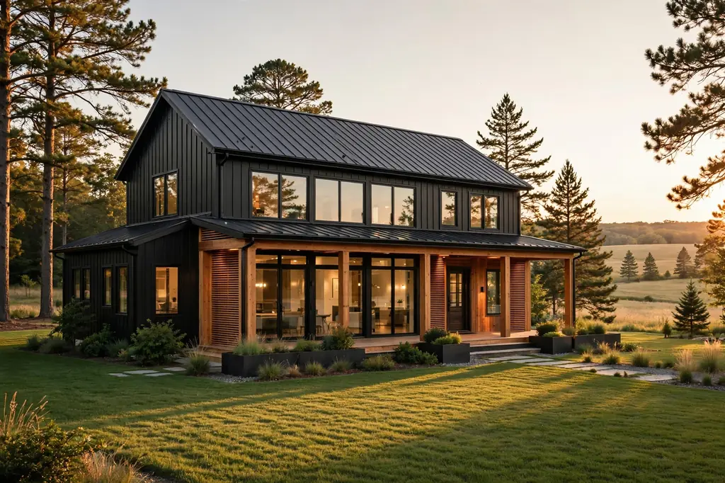 Modern black metal barndominium exterior with large glass windows and wooden accents in a New Jersey rural landscape at sunset