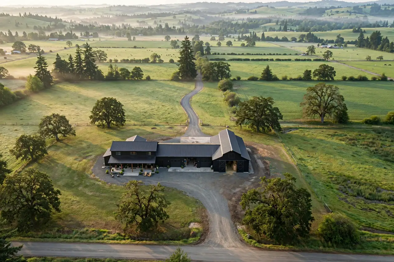 Aerial view of Oregon farmland where EFU zoning limits where a barndominium can be built