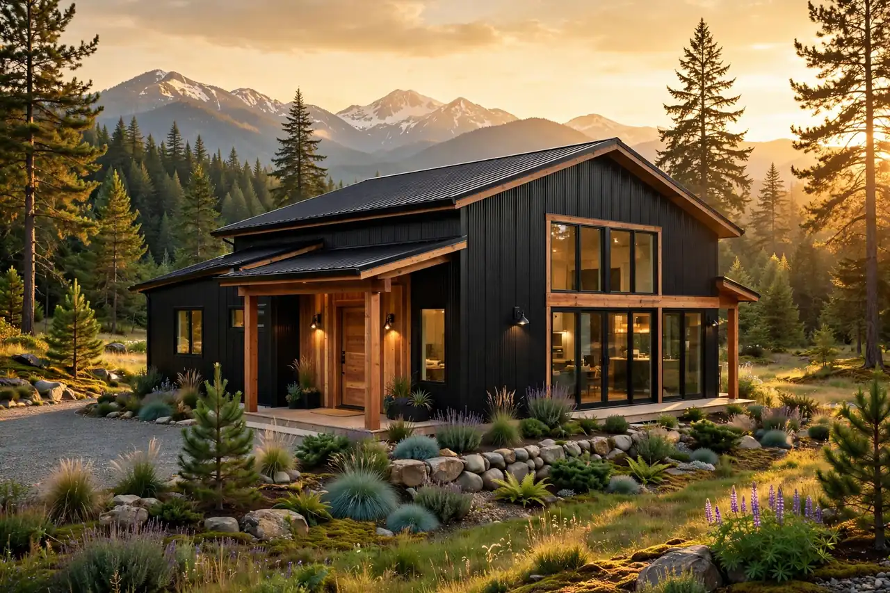 Oregon Barndominium Cost Per Sq Ft: Modern black metal barndominium with wood accents and large glass windows in Oregon forest at sunset with mountain view
