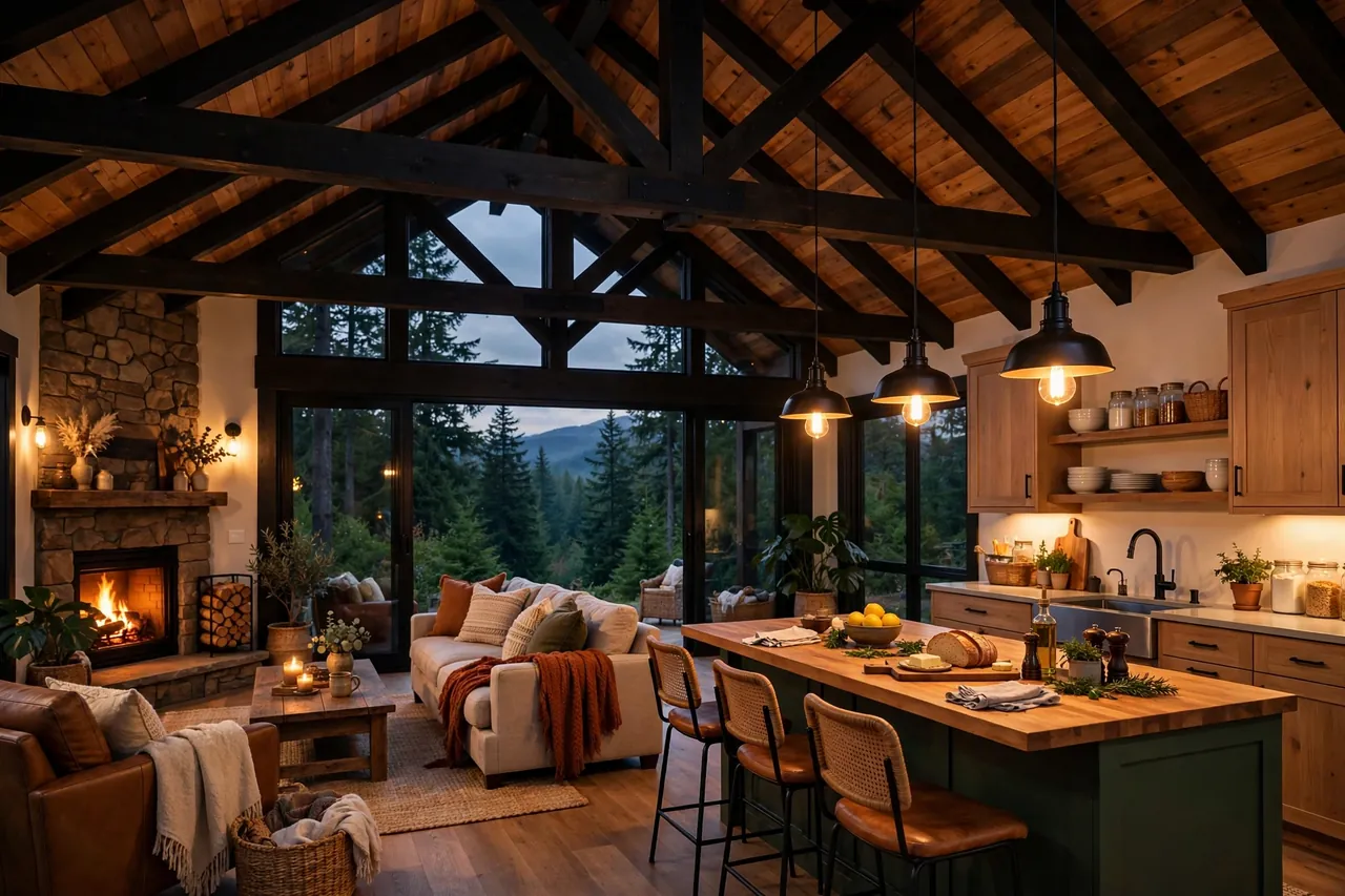 Open-concept barndominium interior with a vaulted ceiling