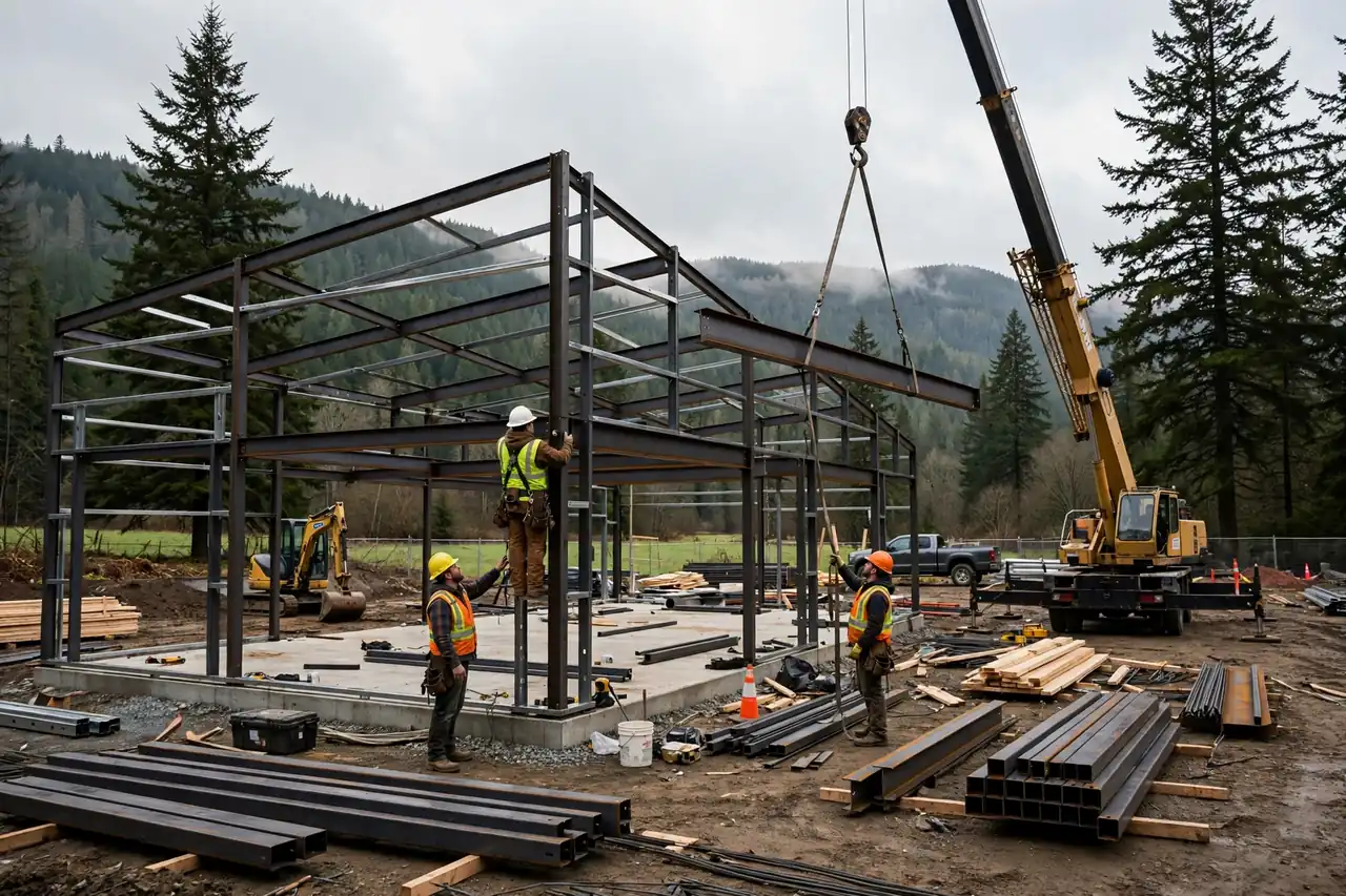 Workers erecting the steel frame shell of an Oregon barndominium