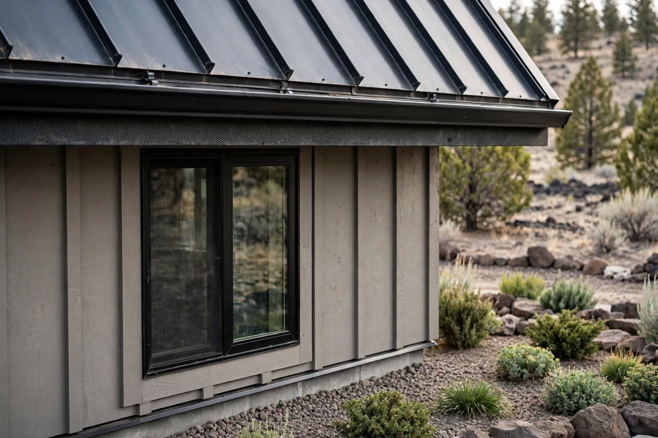 Exterior detail of a wildfire-hardened Oregon barndominium built to ORSC R327