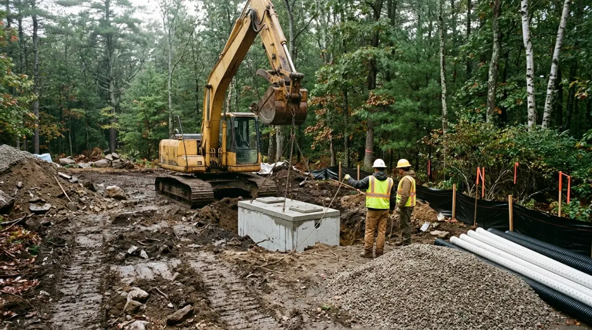 Excavator crew installing a septic tank and leach field on a wooded Rhode Island barndominium lot