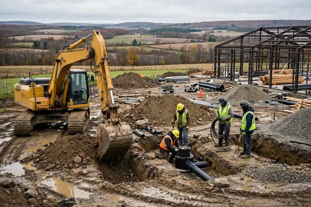 Excavator crew doing septic site work for a New York barndominium