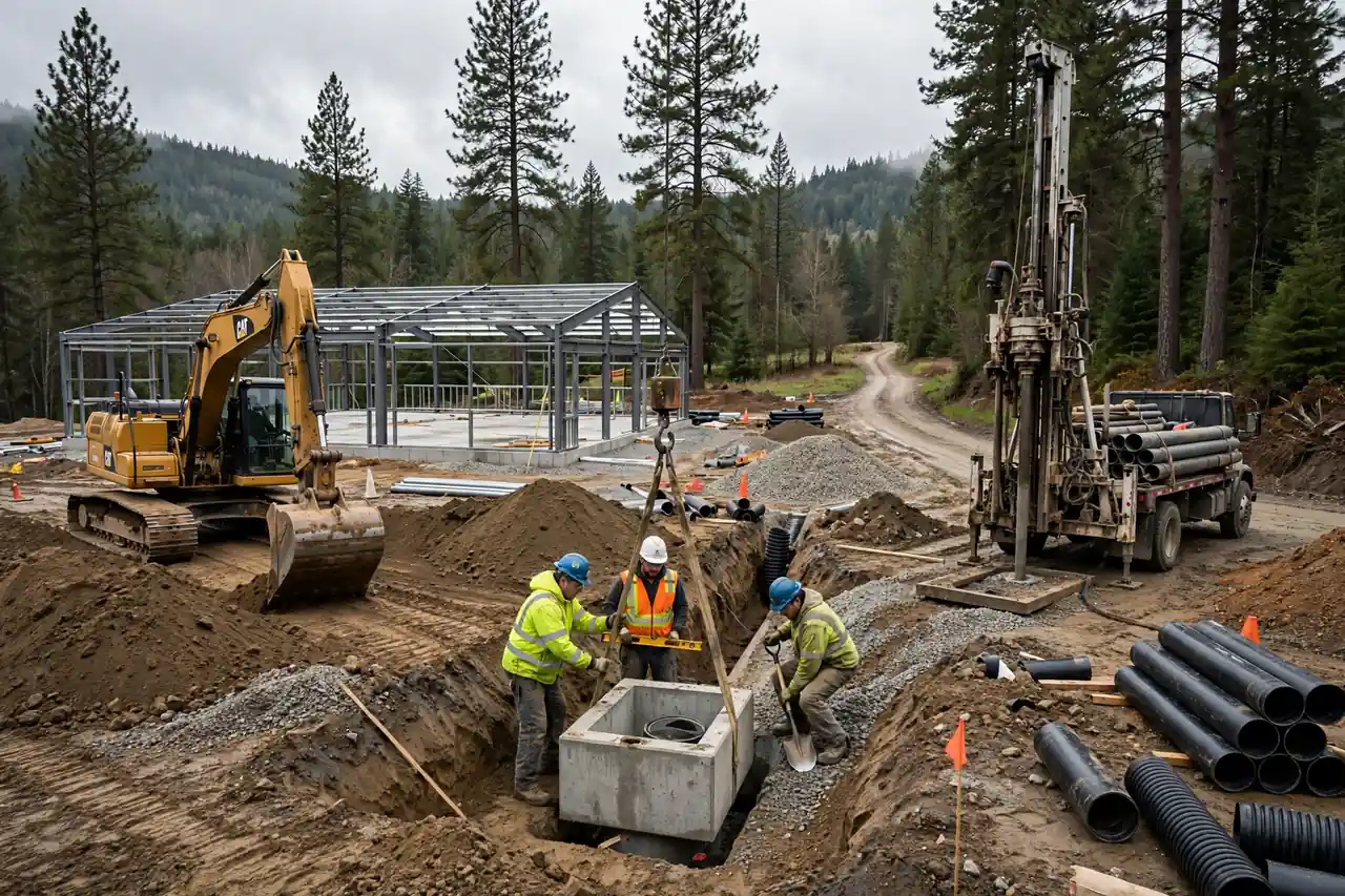 Excavation crew preparing a rural Washington site for a well and septic system