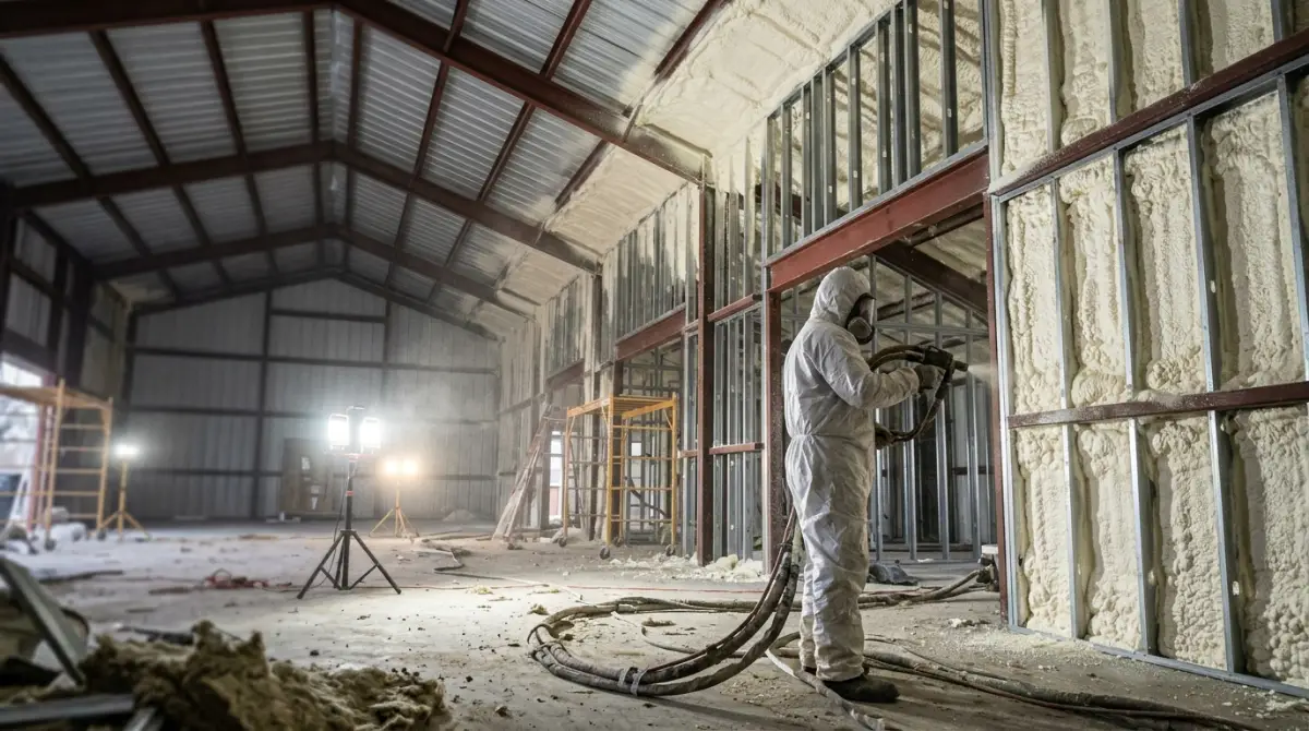 Spray foam insulation applied to steel framing inside a barndominium wall to limit thermal bridging