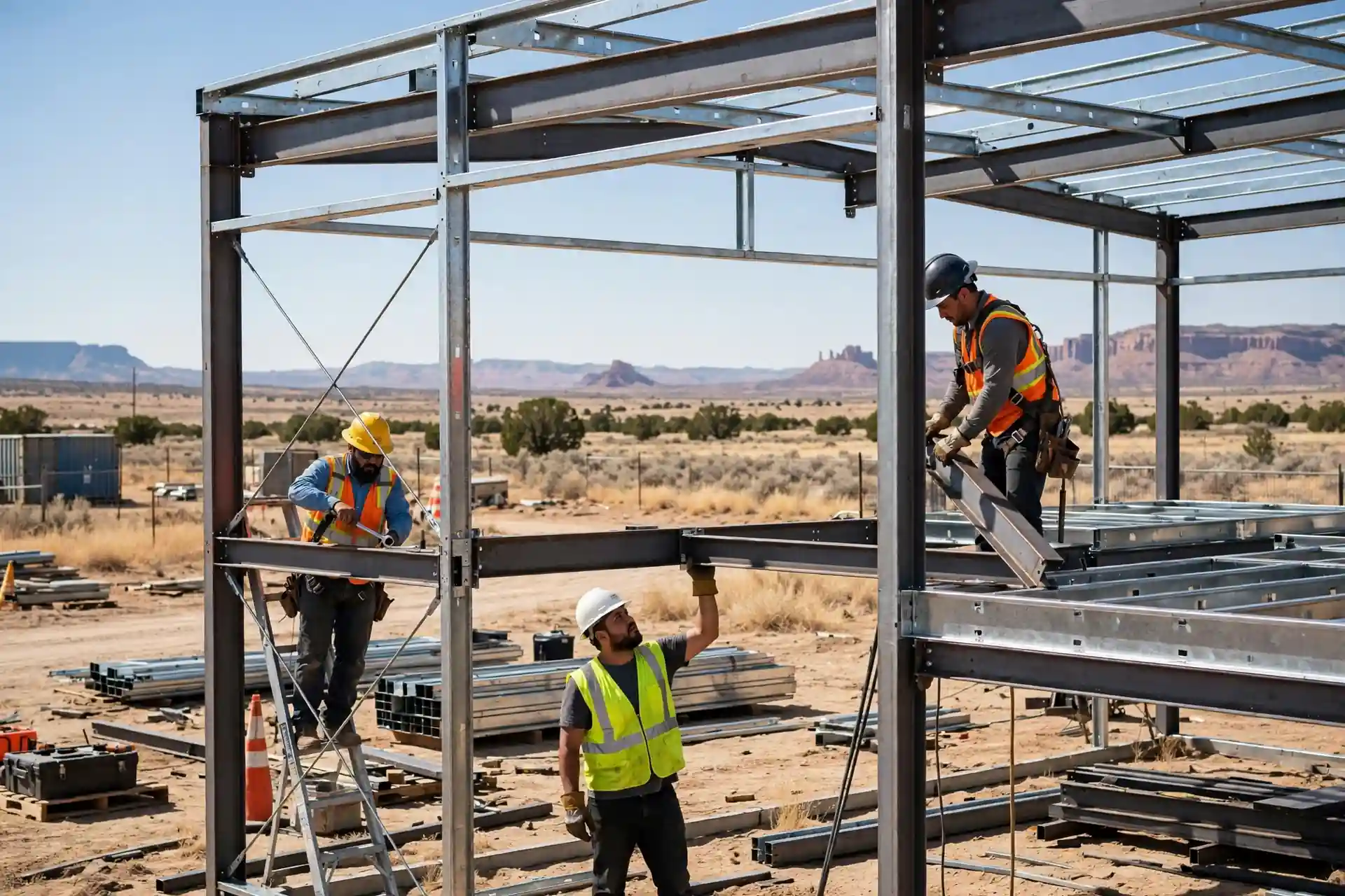 Construction crew erecting a steel-frame barndominium shell
