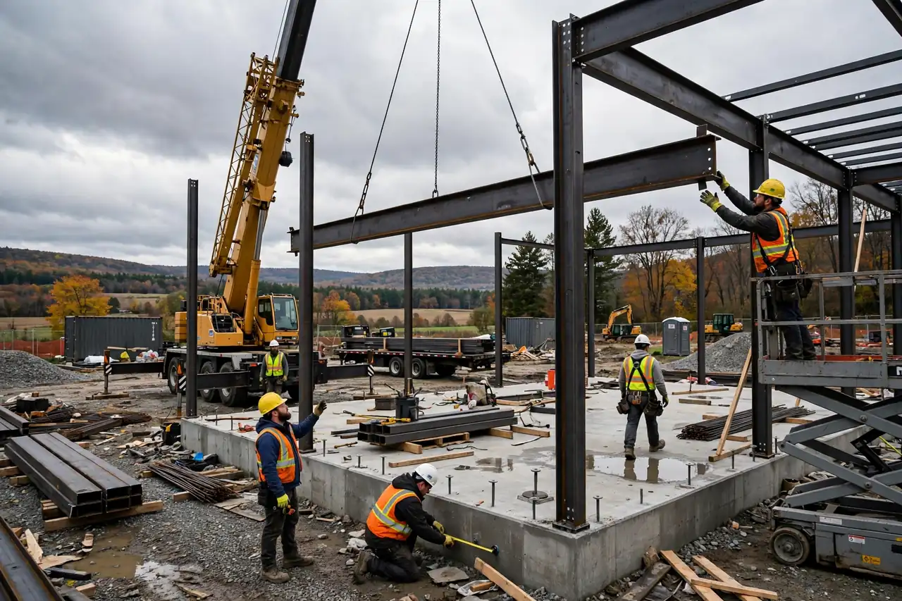 Crane and crew erecting the steel frame of a New York barndominium