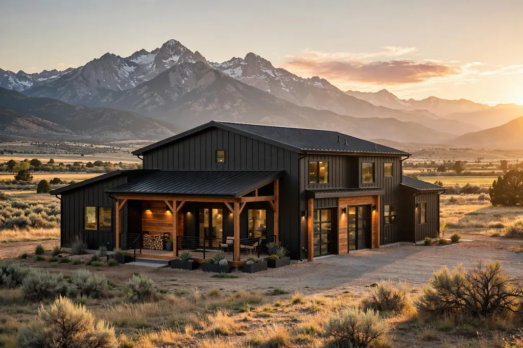 utah barndominium: Modern black metal barndominium with wood accents set against Utah's Wasatch mountains at golden hour