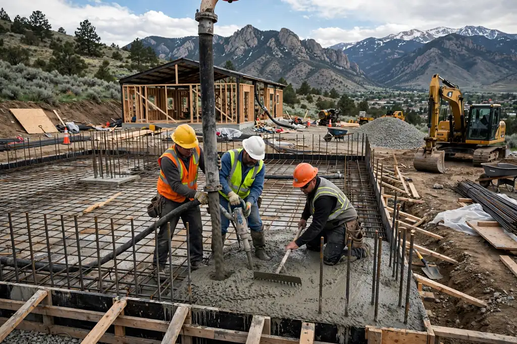 Construction crew placing and finishing a concrete foundation for a Utah barndominium