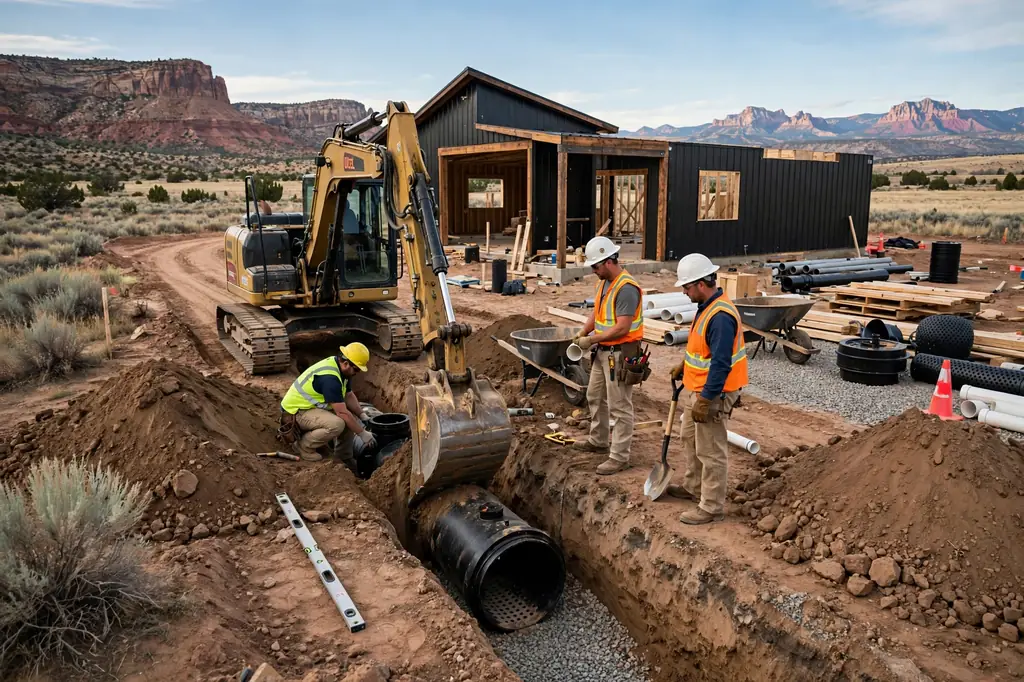 Crew installing a septic system on a rural Utah barndominium property