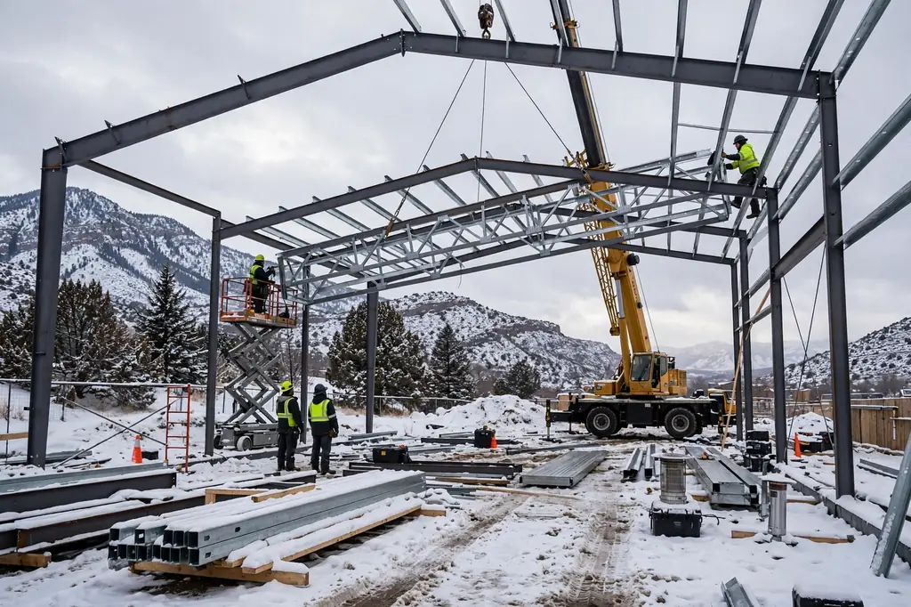 Workers erecting the steel frame of a barndominium in snow country in Utah