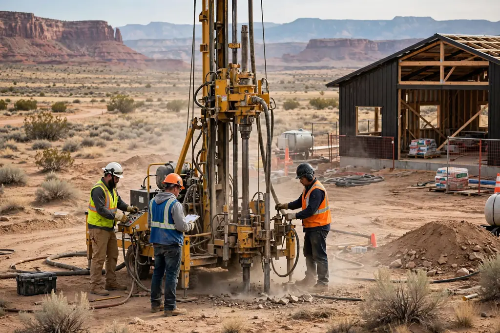 Drilling crew at work on a water well at a rural Utah barndominium site