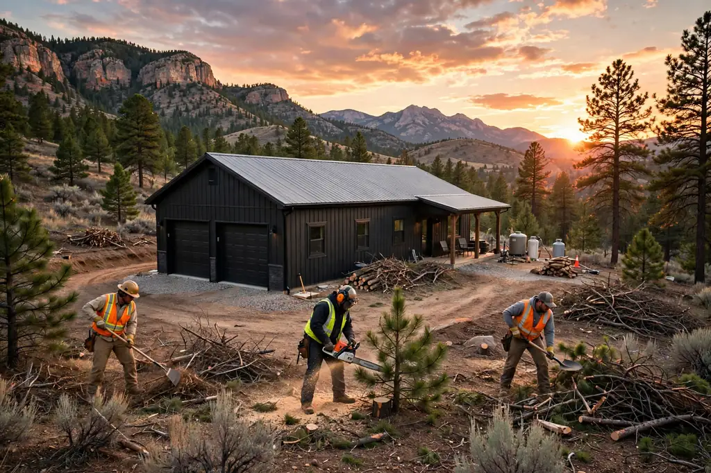 Workers clearing vegetation to create defensible space around a Utah barndominium