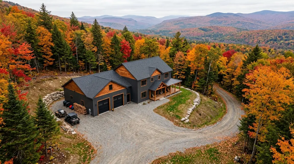 Vermont barndominium cost per sq ft example: aerial view of a barndominium with an attached shop on a wooded hillside