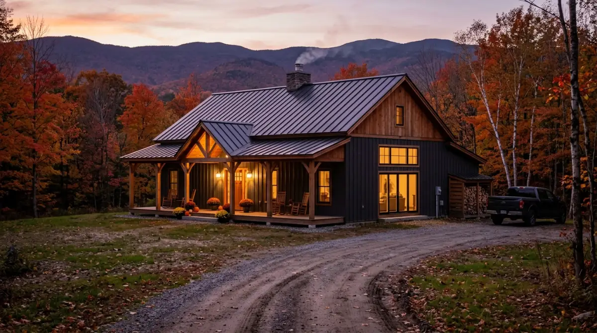 Finished Vermont barndominium with covered porch at dusk in autumn