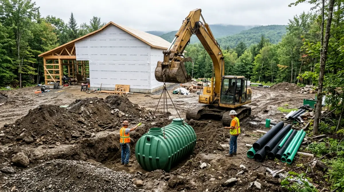 Excavator installing a septic tank at a wooded Vermont building site