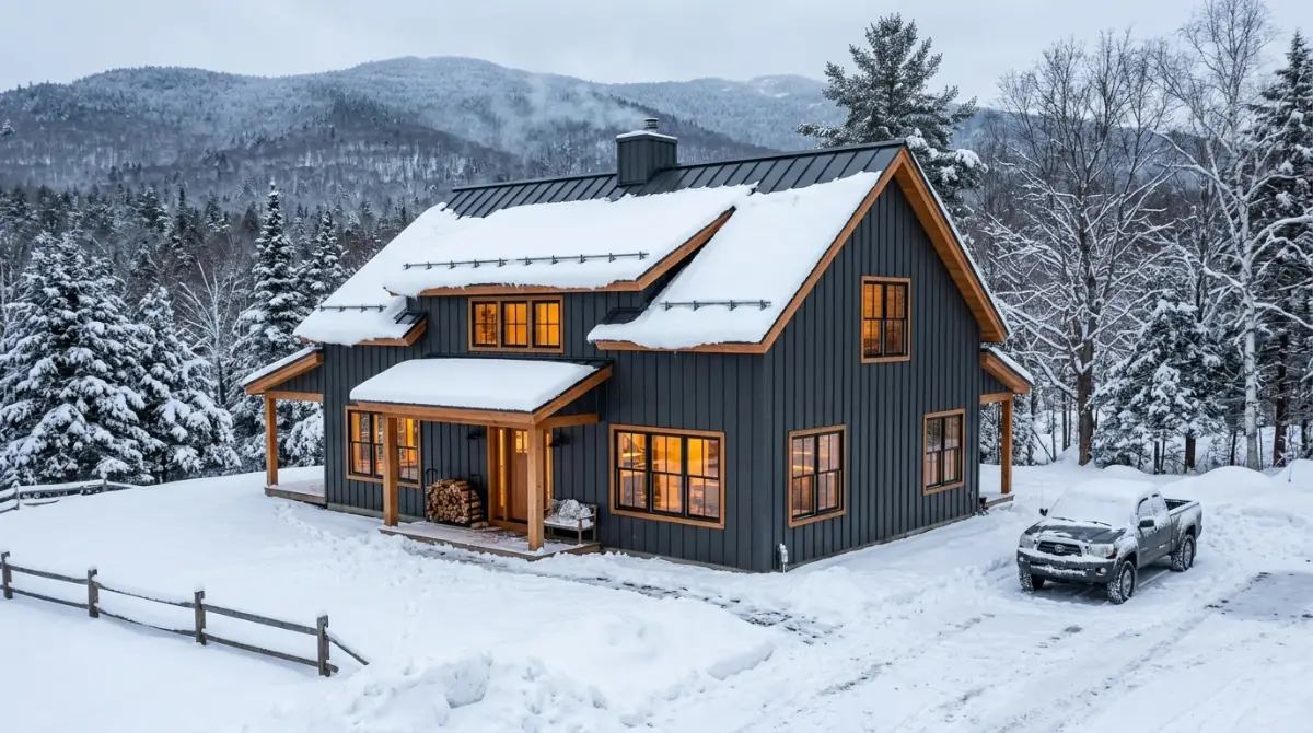 Vermont barndominium metal roof with deep snow and snow guards in winter