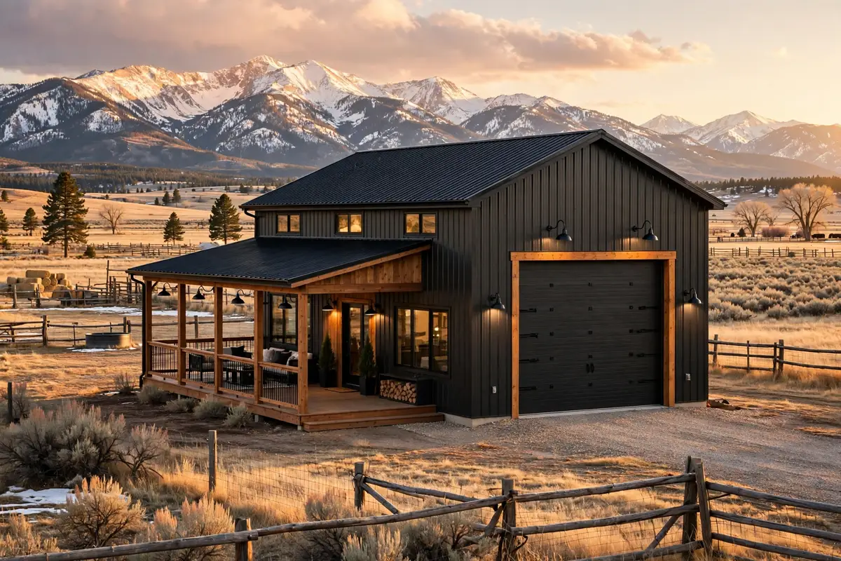 Finished Wyoming barndominium exterior with metal siding and covered porch