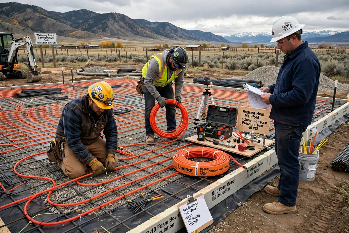 Barndominium slab foundation with radiant heating tubing before the concrete pour