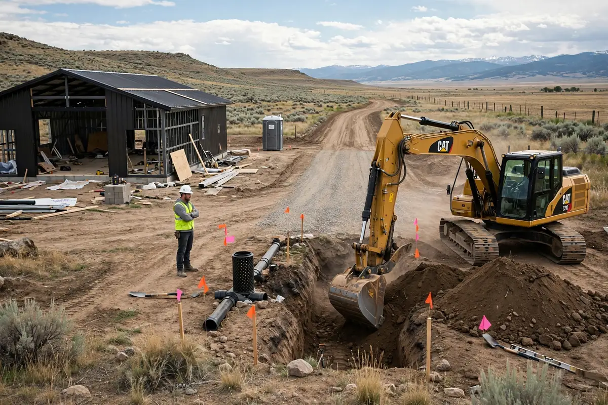 Site preparation and septic system installation at a rural Wyoming building site